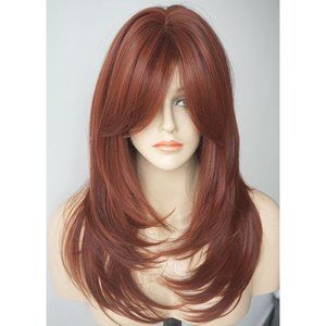 3315 Wigbuy Women Copper Brown  Long Layered Synthetic Auburn side bang wig